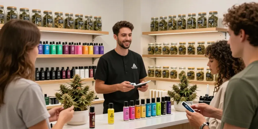 Alien Labs premium cannabis products displayed in a vibrant retail space, engage customers in a friendly environment.