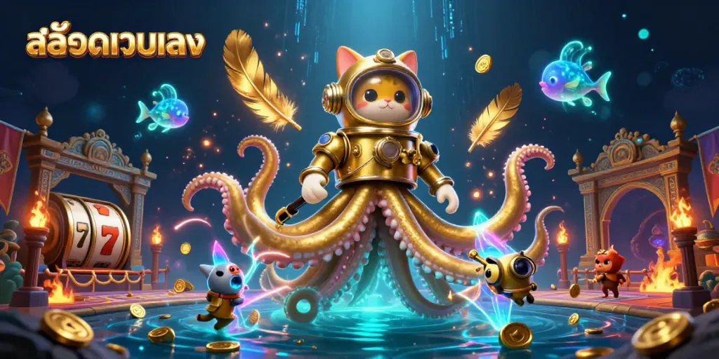 Experience thrilling gameplay with สล็อตเว็บตรง featuring a colossal kraken, animated diving cat, and colorful slot elements.