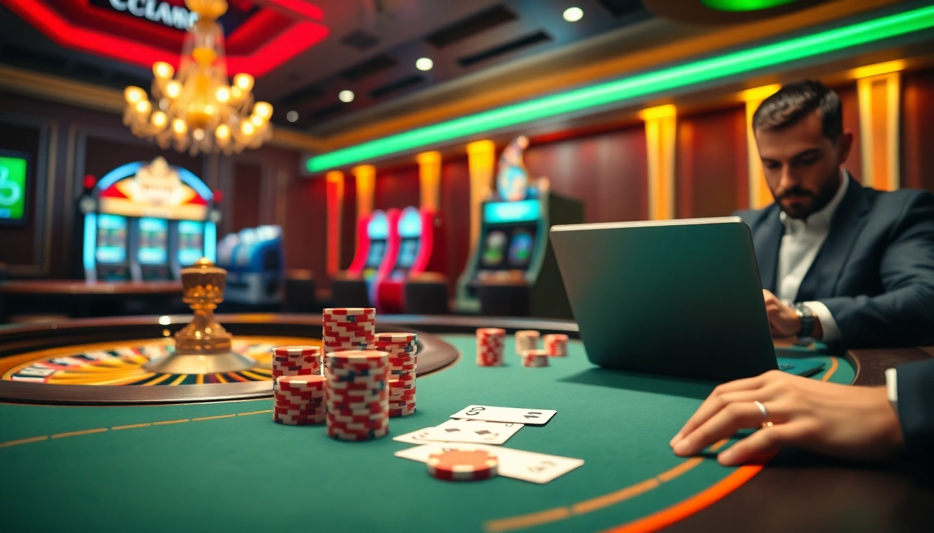 Scène de casino en ligne captivante montrant un joueur professionnel sur un site de casino en ligne.