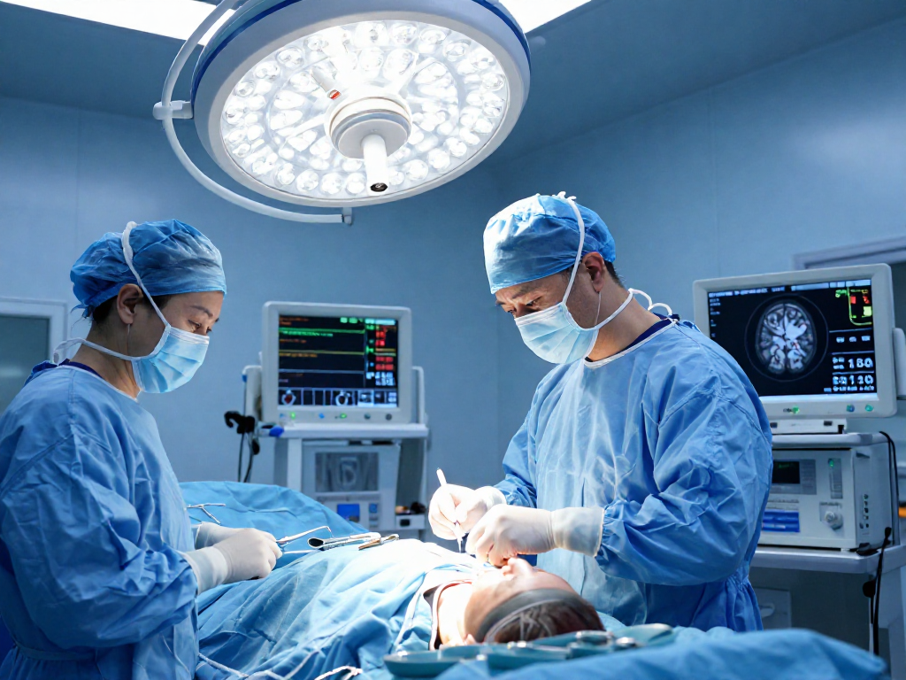 Beyin tümörü ameliyatı depicted with a neurosurgeon in action, advanced technology, and teamwork in a modern surgical room.