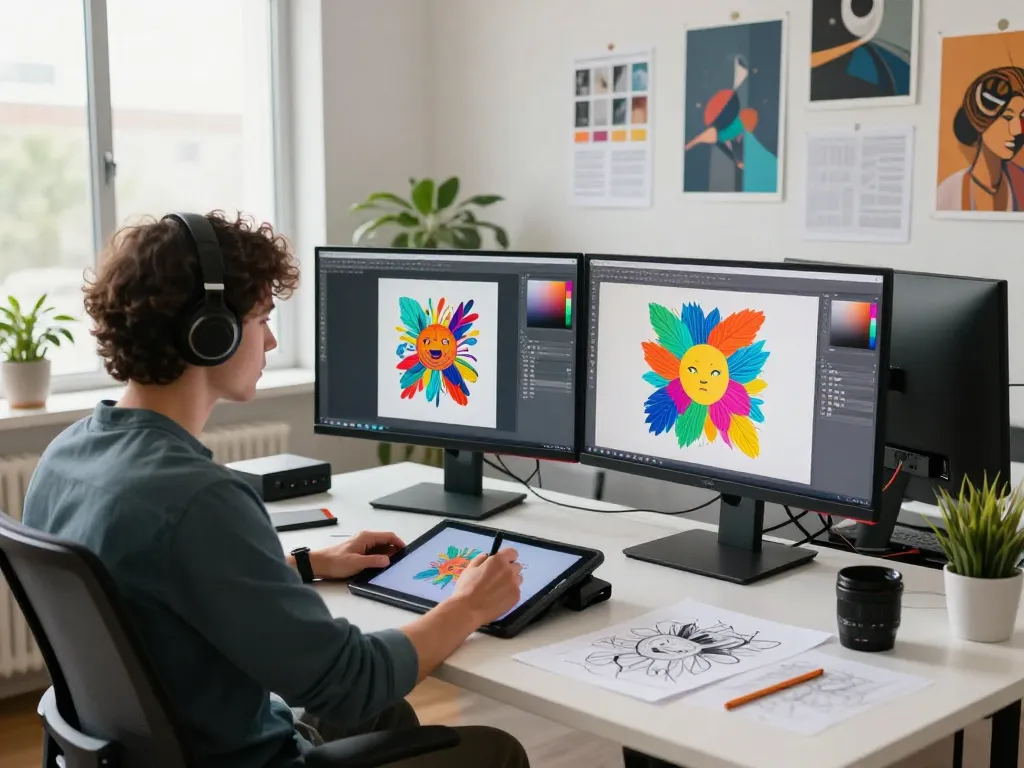 Creative designer using an image to prompt generator in a vibrant workspace filled with digital art tools.