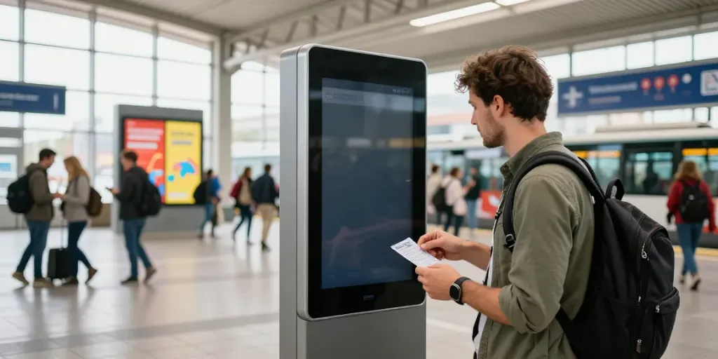 Verificând bilete autocar Moldova Europa la o stație de autobuz modernă.