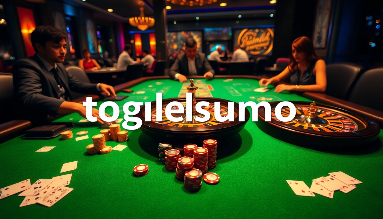 Pemain Togelsumo menikmati permainan taruhan tinggi di meja kasino yang penuh warna dengan chip dan kartu.