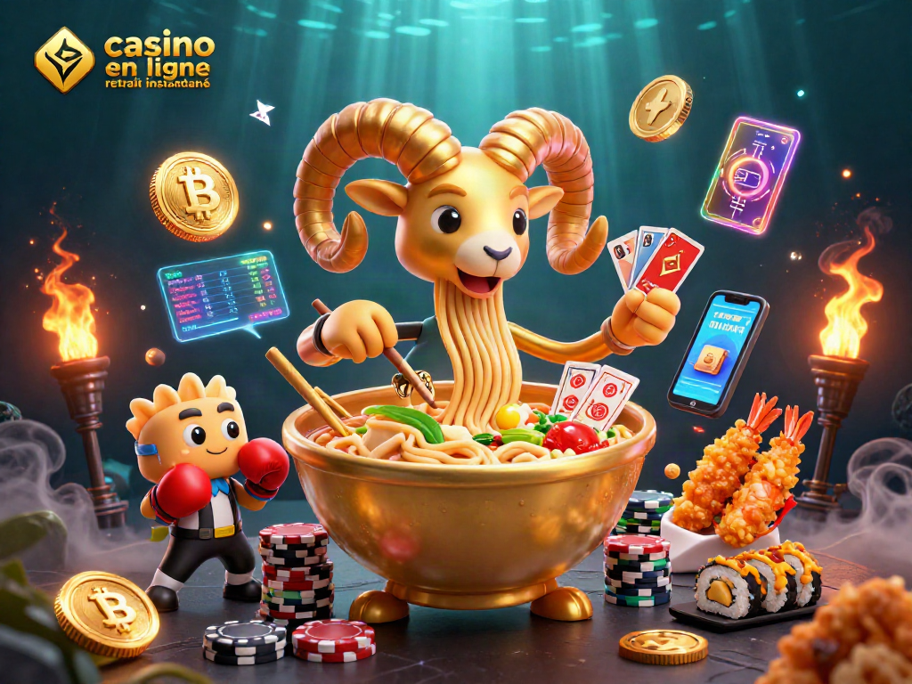 Gagnez avec des retraits instantanés dans un casino en ligne, illustré par des personnages de la cuisine japonaise.