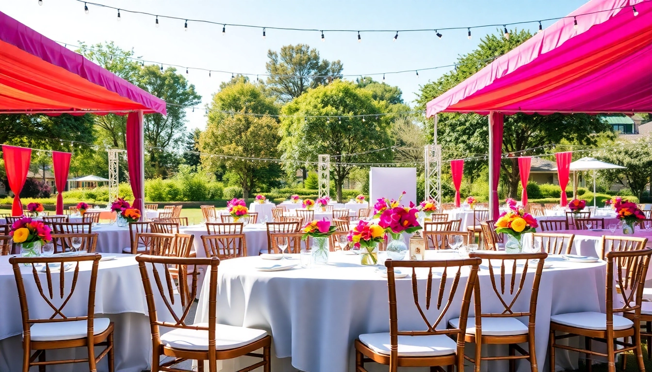 Showcase a variety of elegant tables & chair rentals beautifully arranged for a festive outdoor event.
