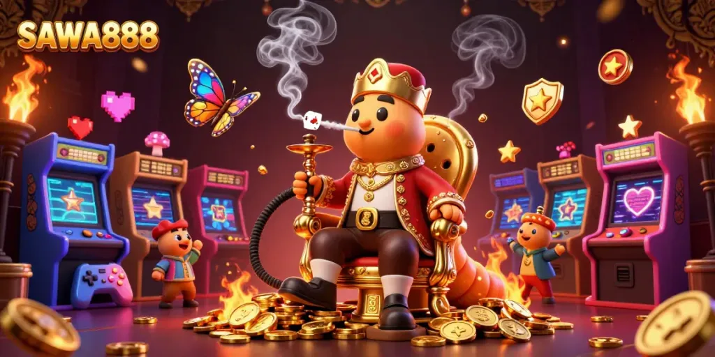 Engage with SAWA888's vibrant casino illustration featuring fun gaming elements and surreal artistry.