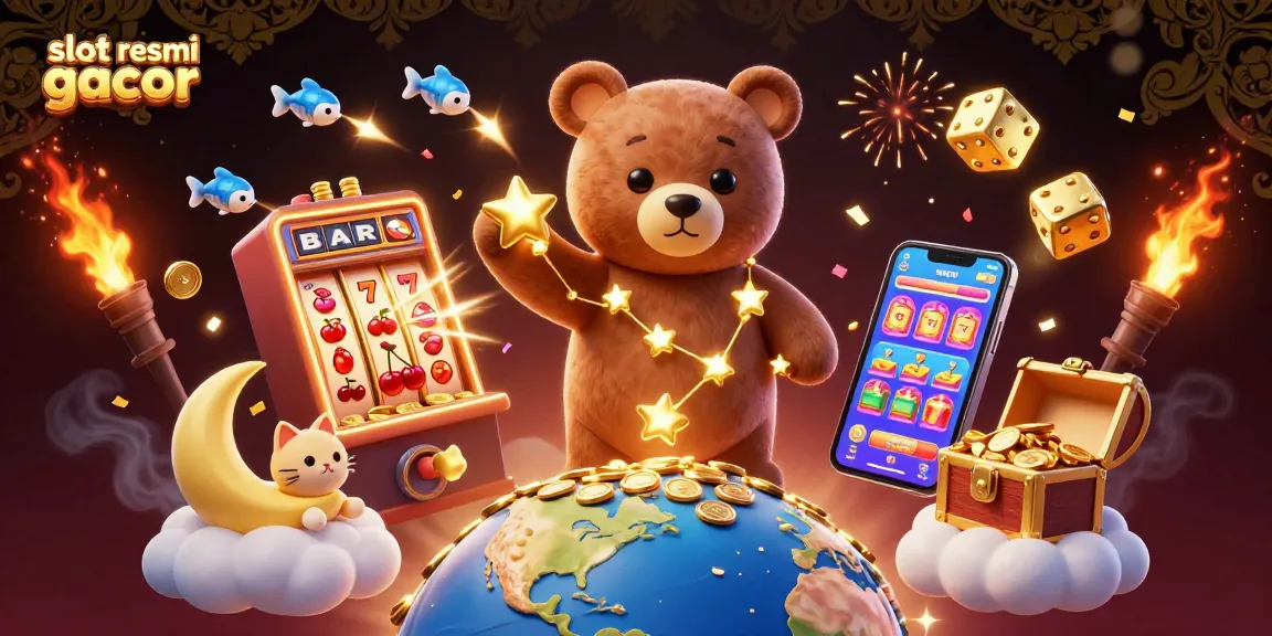 Experience the excitement of slot resmi gacor with this vibrant casino-themed illustration featuring a constellation bear, jackpot symbols, and immersive game elements.