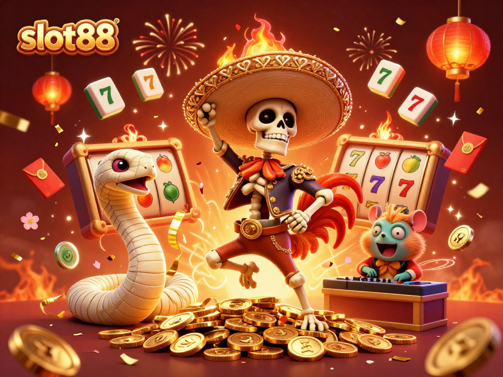 slot88 sambut kemenangan dengan ilustrasi meriah dari karakter kasino yang unik.