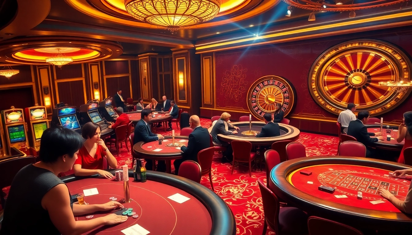 Action de jeu passionnante dans un luxueux casino en ligne France fiable avec des tables, des roulettes et des jetons de poker.