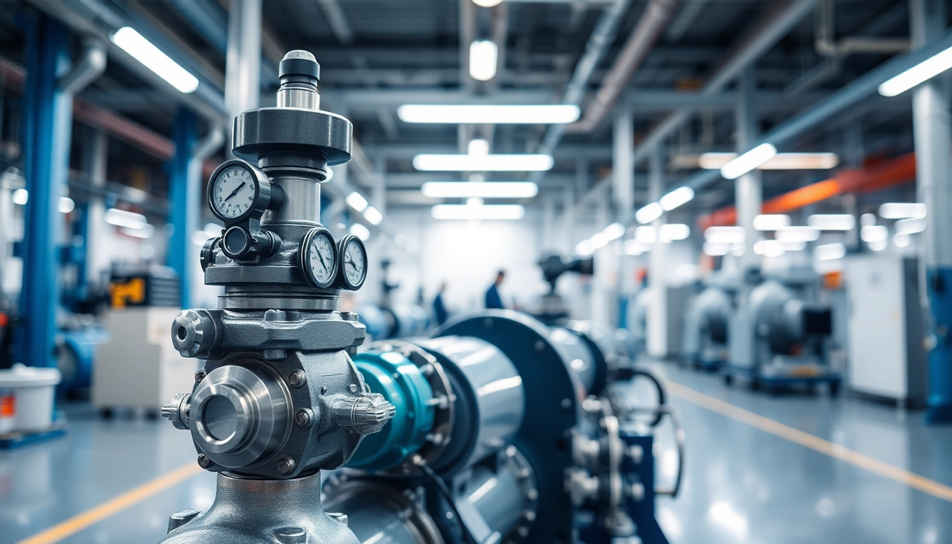 Showcasing fluid power systems with detailed hydraulic pumps and gauges in a modern industrial setting.