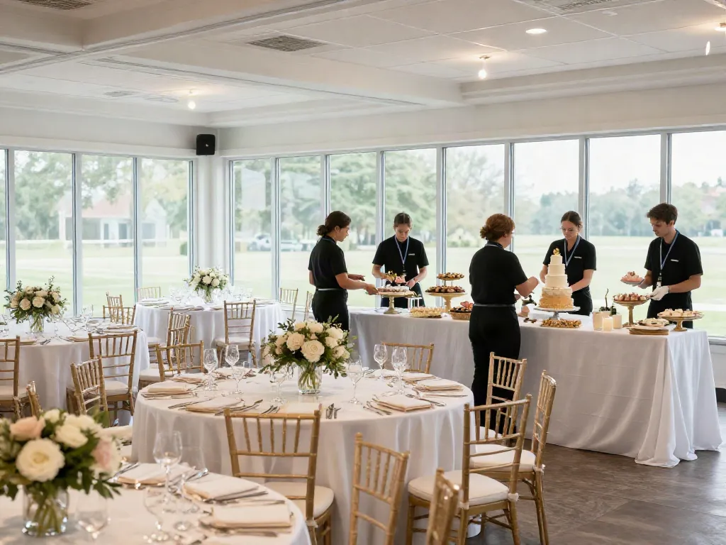 Event rentals prepared for a stylish wedding reception, showcasing elegant tables and professional event planners.