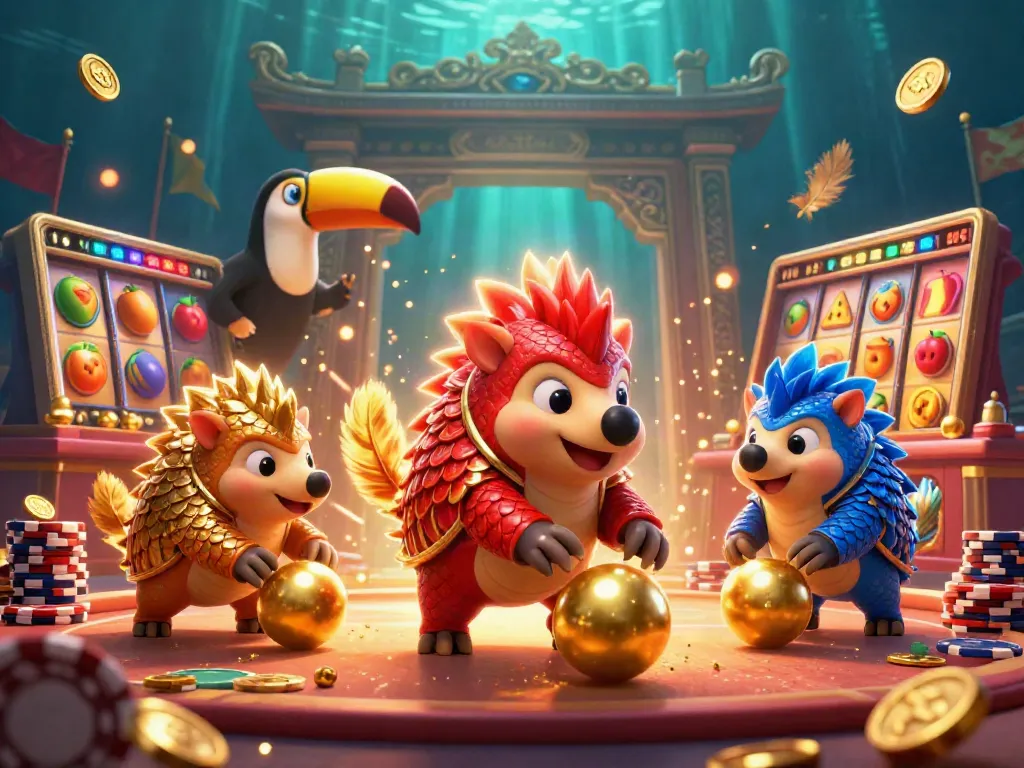 Permainan slot gacor yang menarik dengan pangolin bersaing dan simbol jackpot di latar belakang.