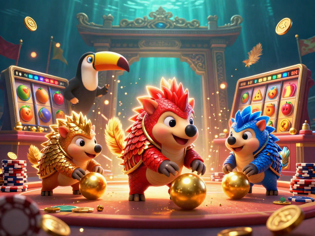 Permainan slot gacor yang menarik dengan pangolin bersaing dan simbol jackpot di latar belakang.