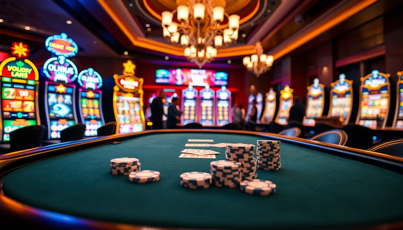Experience luxury gaming at https://mm88.today/ with vibrant poker tables and slot machines.