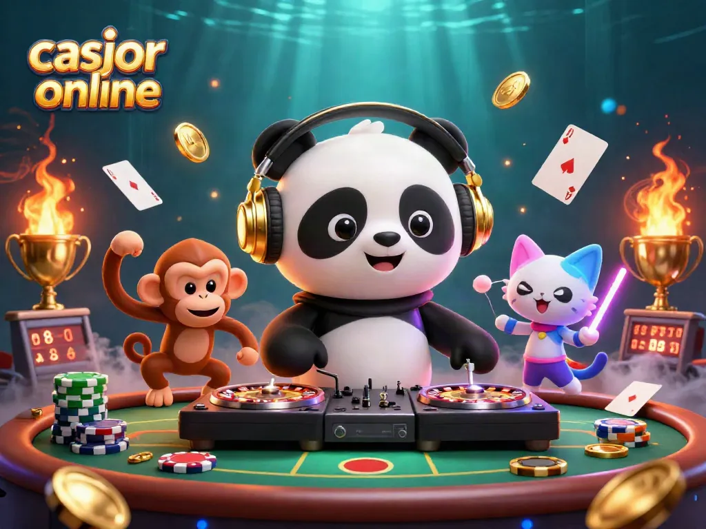 El mejor casino online ofrece diversión con un panda DJ, un mono y un gato, rodeados de elementos de póker.