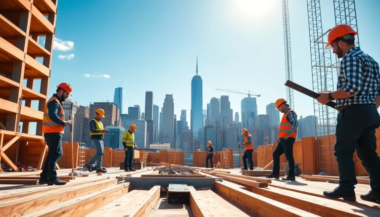 Experienced New York City General Contractor overseeing a busy construction site with a skyline view.