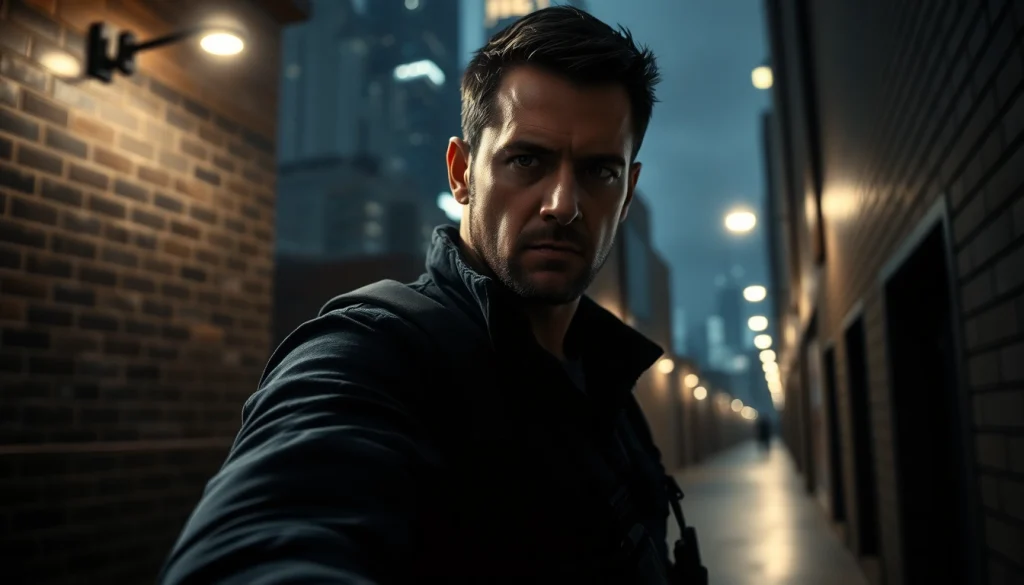 Detective assessing a dark alley in a scene similar to reacher series.
