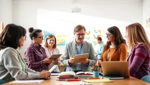 Engaged educators collaborating on Education strategies in a vibrant classroom environment.