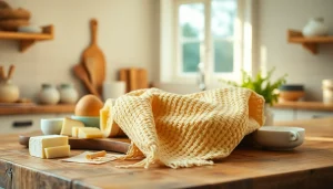 Kaasdoek elegantly displayed with fresh cheese and yogurt, enhancing kitchen aesthetics.