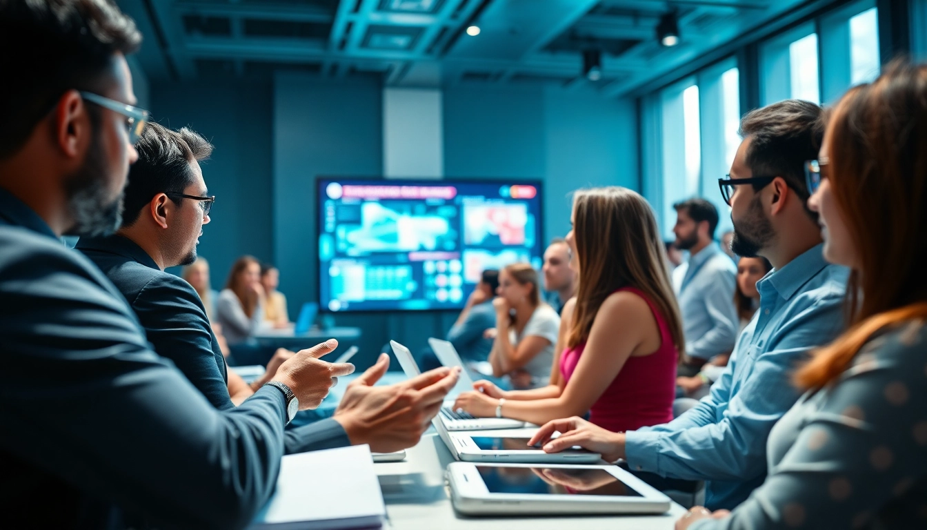 Engaged speakers discussing Technology at a conference with a vibrant audience.