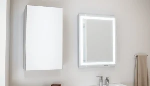 Der spiegelschrank mit led Beleuchtung bietet stilvollen Stauraum und modernes Design im Badezimmer.