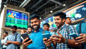 Engaging scene of sports betting in India with diverse individuals using mobile platforms.