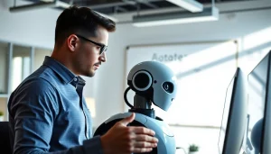 Showcasing T Automation & Scripting in a tech workspace with a programmer and robot collaboration.