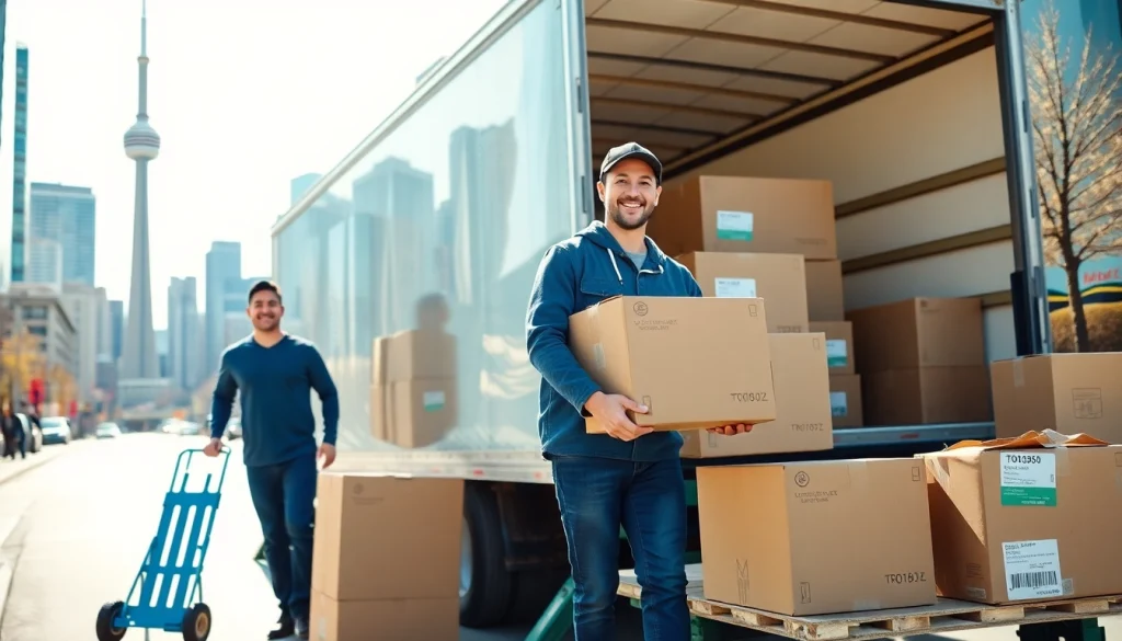 Efficient movers delivering Toronto moving services while organizing a packed truck in a bustling city.