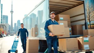 Efficient movers delivering Toronto moving services while organizing a packed truck in a bustling city.