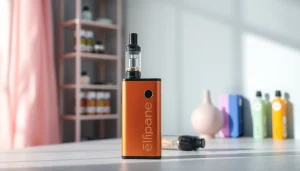 Elfbar Vaping-Gerät elegant präsentiert mit verschiedenen Geschmacksrichtungen im Hintergrund