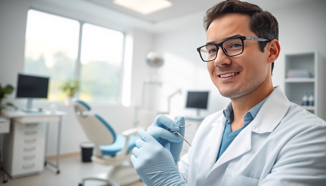 Dentist examining a patient's dental health in a modern clinic setting.