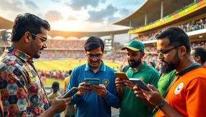 Engaged bettors in sports betting in India at a lively cricket match, analyzing odds and enjoying the atmosphere.