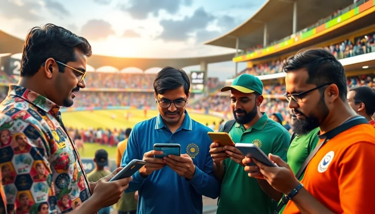 Engaged bettors in sports betting in India at a lively cricket match, analyzing odds and enjoying the atmosphere.
