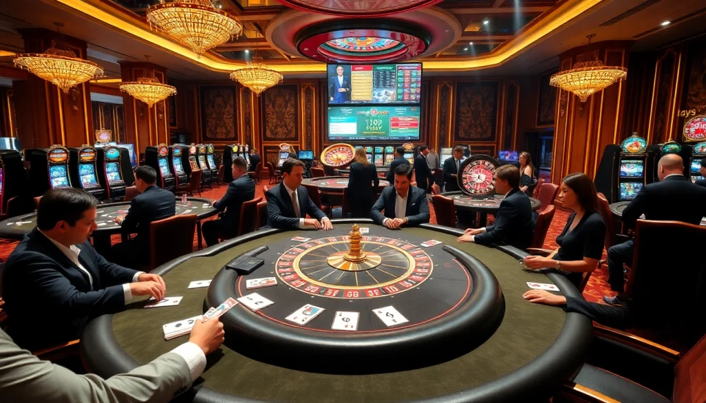 Players enjoying games at a luxurious casino featuring https://8kbetal.com/ promotions on display.