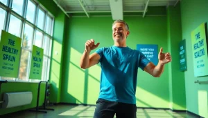 Showcase fitness coach promoting exercises for enhancing healthspan in an energetic gym setting.