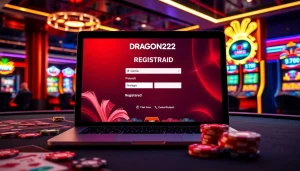 Engaging scene of players registering at daftar DRAGON222 online casino, with vibrant slot machines and casino elements.