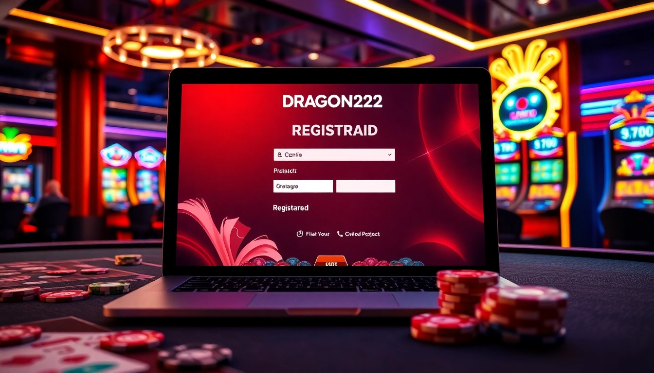 Engaging scene of players registering at daftar DRAGON222 online casino, with vibrant slot machines and casino elements.