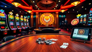 Experience the excitement of ink vao 12bet as a dealer engages with players in a vibrant casino atmosphere.