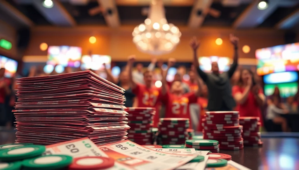 Engaging scene showcasing sportsbooks in Georgia with colorful betting tickets and an enthusiastic crowd.