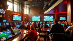 Engaged crowd placing bets in vibrant sportsbooks in Oklahoma lounge filled with screens.
