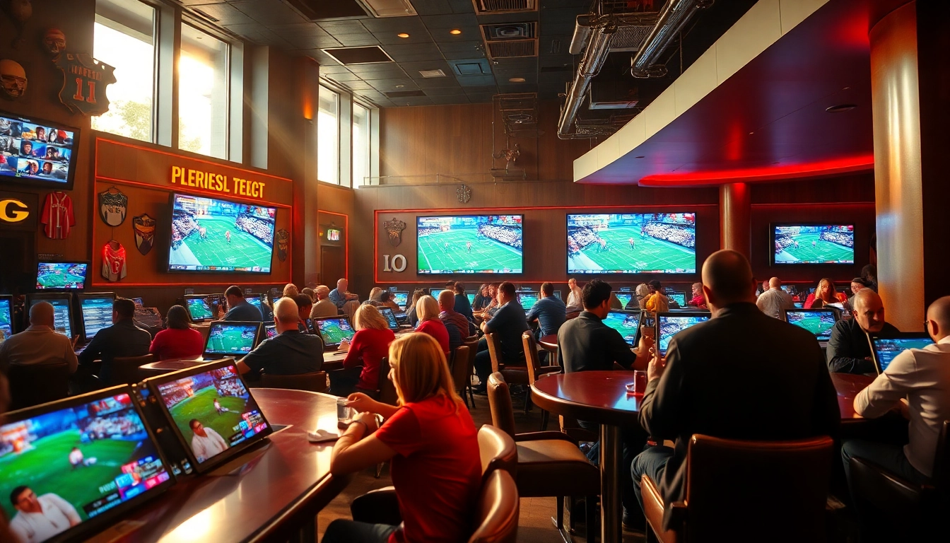 Engaged crowd placing bets in vibrant sportsbooks in Oklahoma lounge filled with screens.