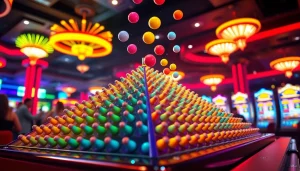 Permainan plink slot yang penuh warna dengan bola jatuh di papan piramida.