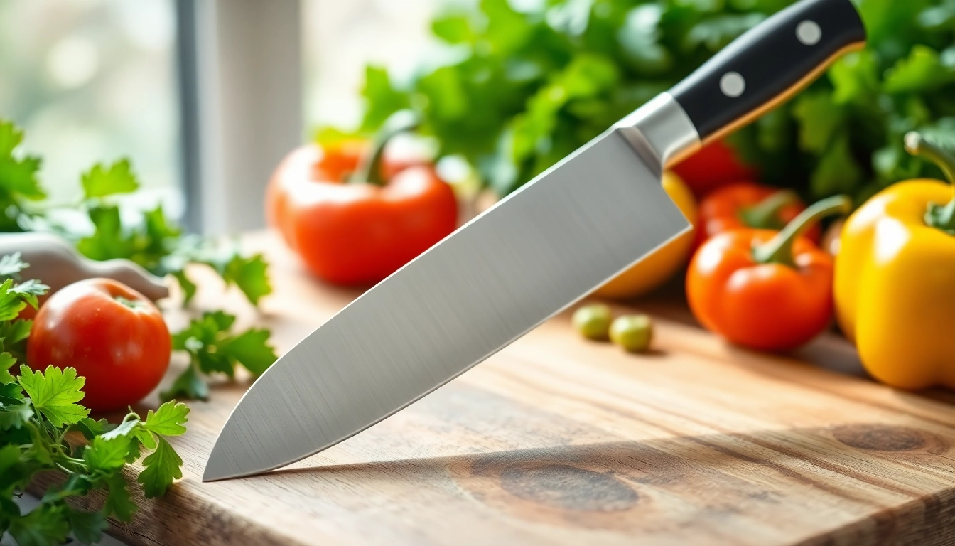 Visually demonstrating how to choose a chef’s knife using a professional knife beside fresh vegetables for scale.