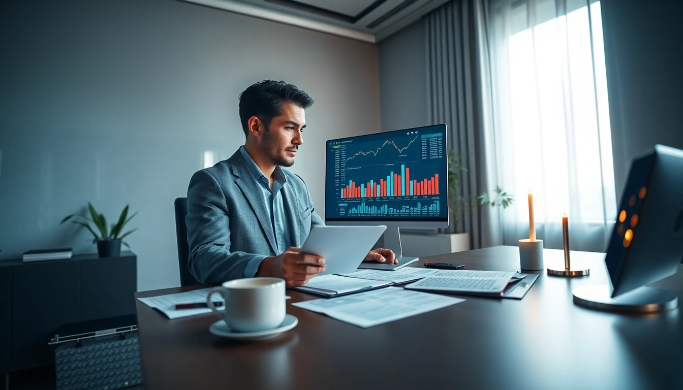 Visual representation of a powerful finance guide in a modern office setting, showcasing an expert analyzing financial data.