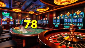 Engage with thrilling gameplay at 78win's luxurious casino interface showcasing poker and roulette.