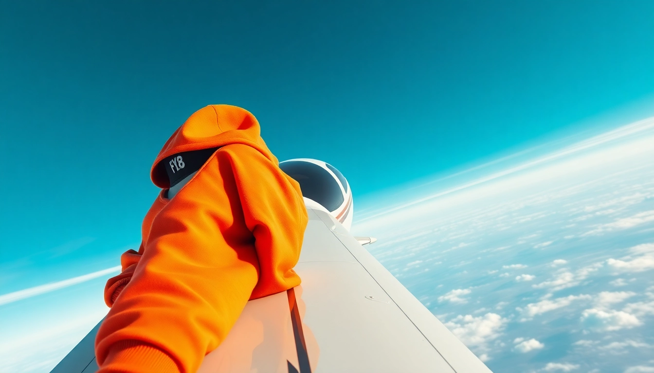 FLY88 aviation-inspired apparel displayed on a modern aircraft against a clear sky.