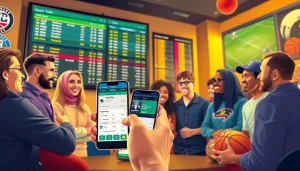 Engaged group exploring sportsbooks in Alabama with smartphone betting app and sports memorabilia.