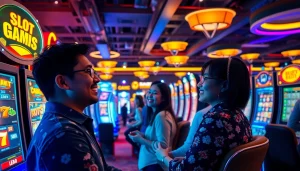 Players enjoying thrilling slot games at Situs kode4d, immersed in a vibrant online casino atmosphere.