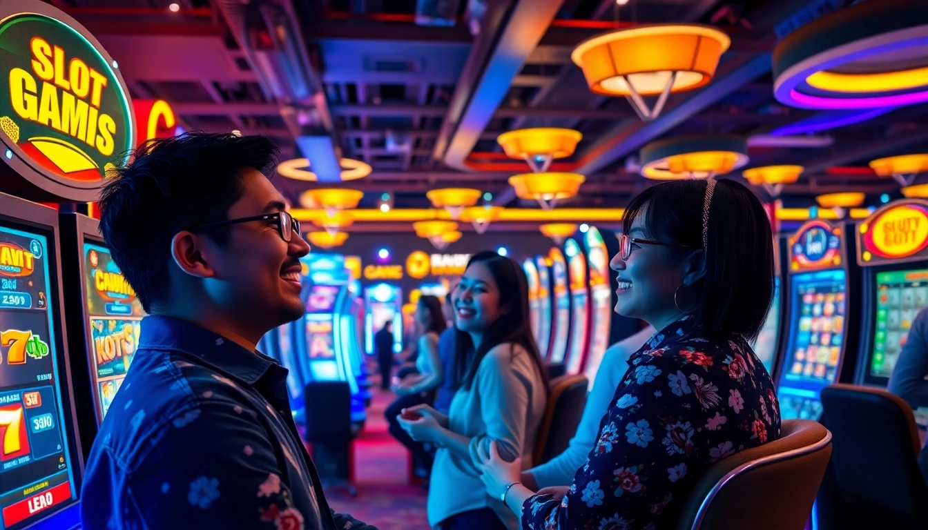 Players enjoying thrilling slot games at Situs kode4d, immersed in a vibrant online casino atmosphere.