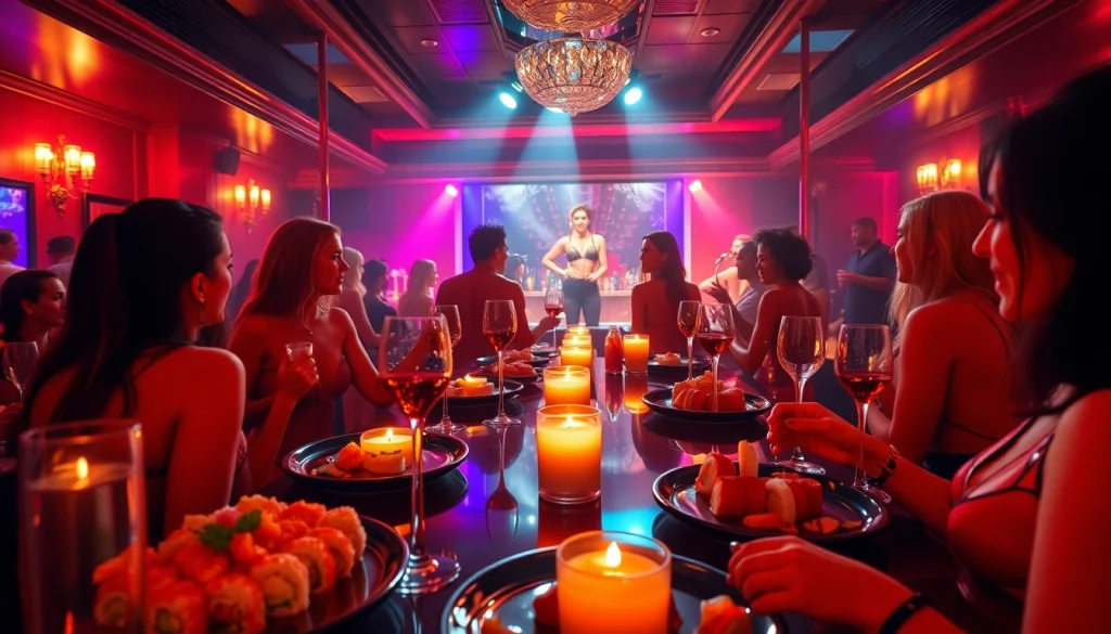 Experience Dinner sxm at Club Noir with vibrant body sushi and captivating performers in a luxurious atmosphere.